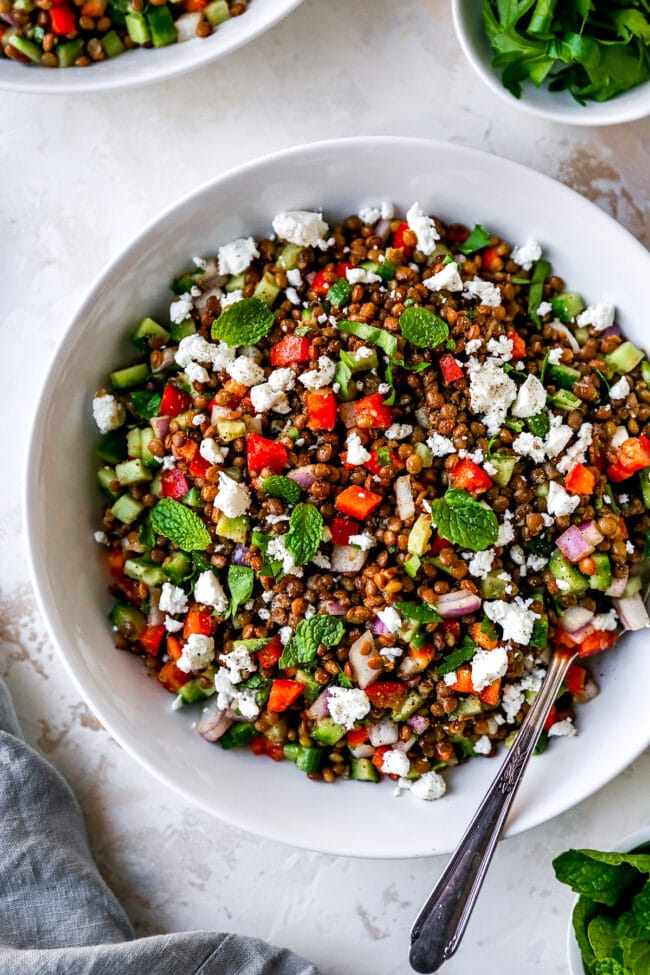 lentil salad with cucumber, pepper, onion, and herbs