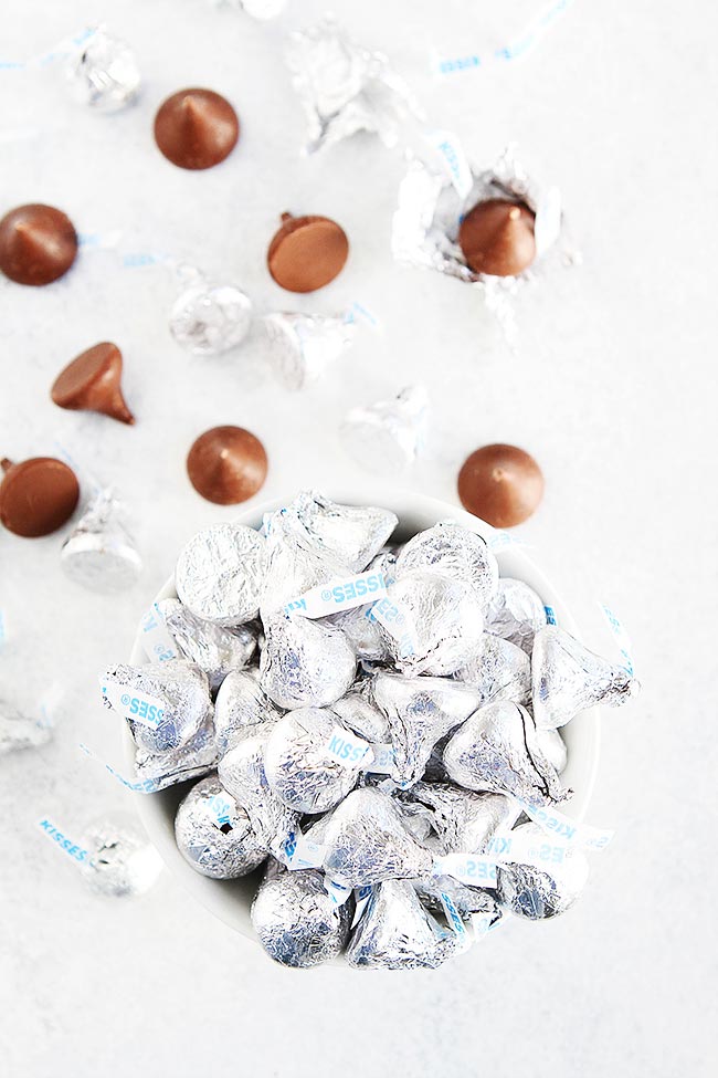 Hershey's Kisses candies in bowl. 