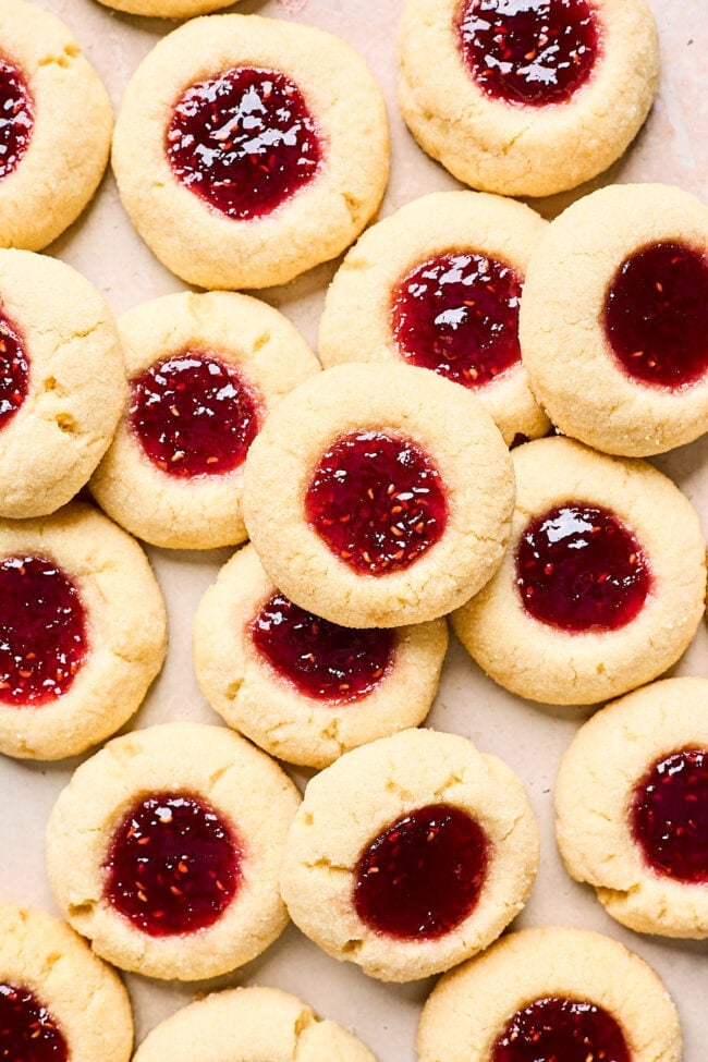 thumbprint cookies with raspberry jam filling in the center. 